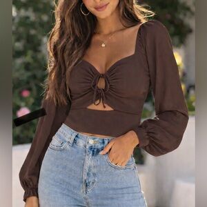 🌸 Fashion Nova Brown Ruched Tie Front Long Sleeve Crop Blouse Size‎ M